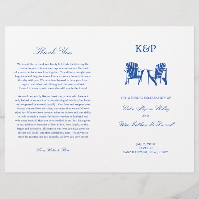 Wedding Program | Blue Adirondack Beach Chairs (Front)