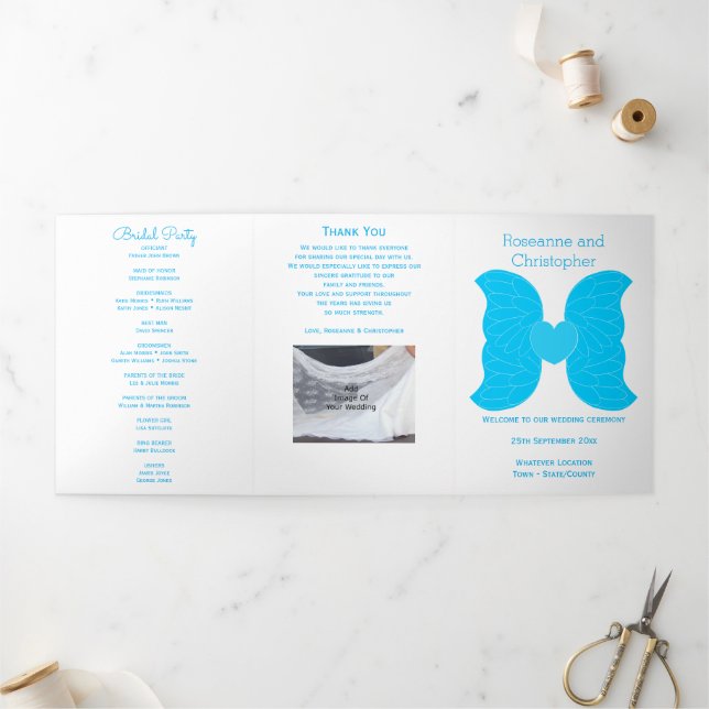 Wedding Program Blue Angel Wings Heart Design (Outside)