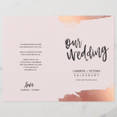 WEDDING PROGRAM brush script rose gold blush pink