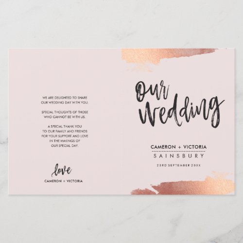 WEDDING PROGRAM brush script rose gold blush pink