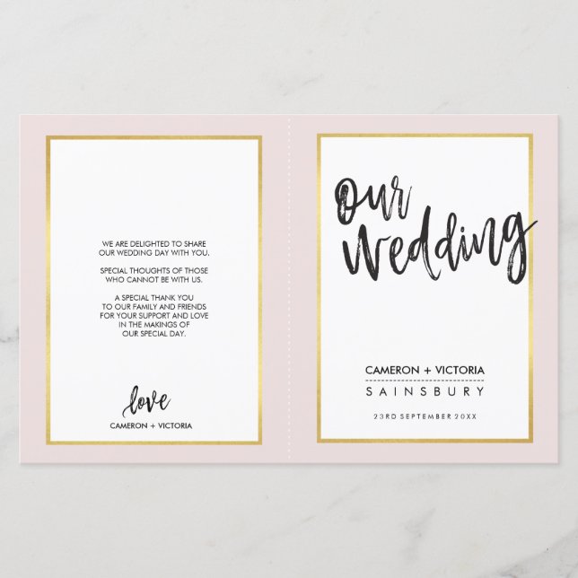 WEDDING PROGRAM brushed lettering gold frame pink (Front)