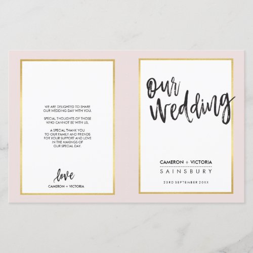 WEDDING PROGRAM brushed lettering gold frame pink