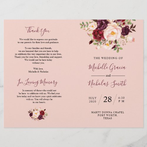 Wedding Program Burgundy Blush Watercolor Floral