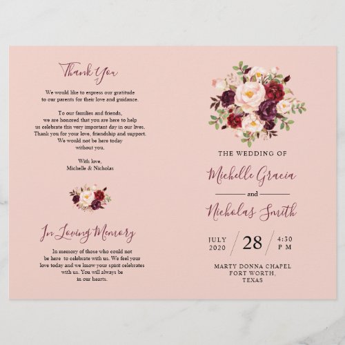 Wedding Program Burgundy Blush Watercolor Floral