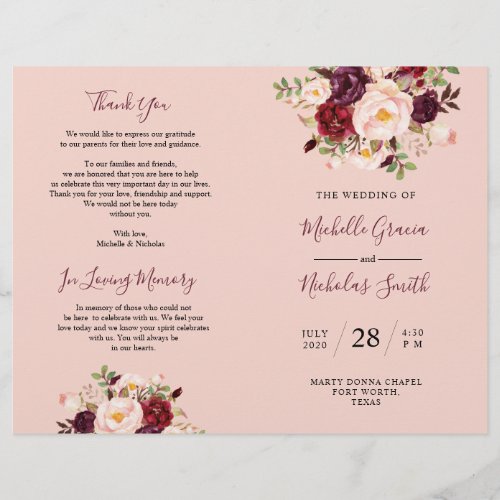 Wedding Program Burgundy Blush Watercolor Floral