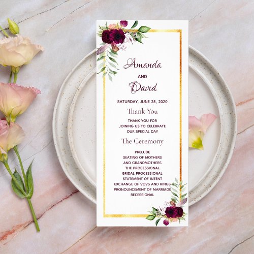 Wedding program burgundy florals white gold boho