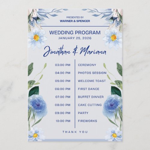 Wedding Program Card – Blue Floral Timeline Design