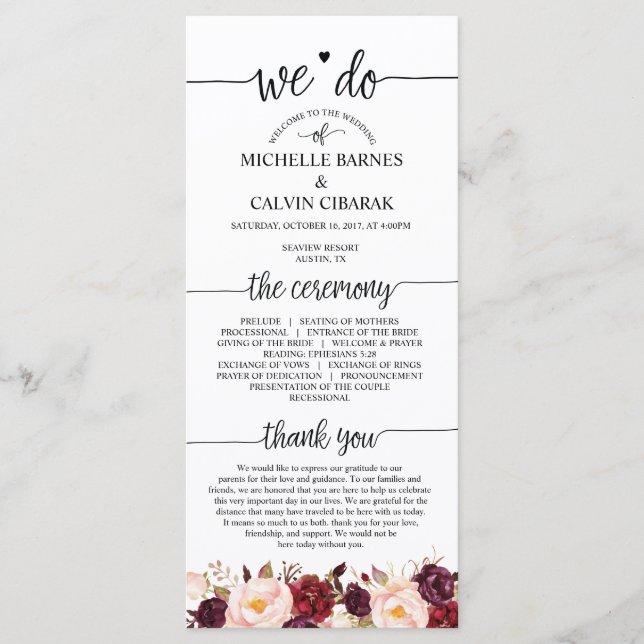 Wedding program card in rustic calligraphy design (Front)