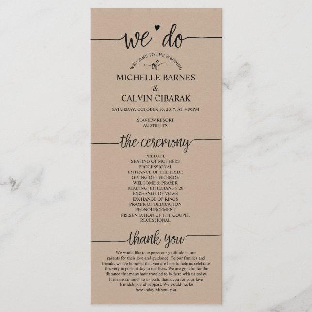 Wedding program card rustic calligraphy design v2 (Front)