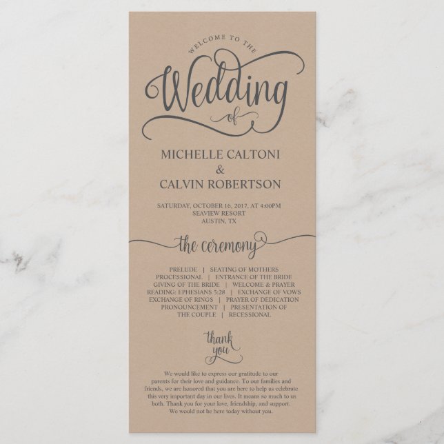 Wedding program card rustic calligraphy design v6 (Front)