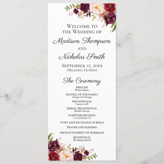 Wedding Program Cards with Marsala & Pink Flowers