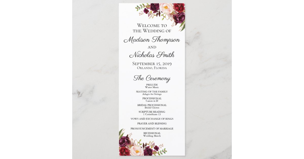 Wedding Program Cards With Marsala Pink Flowers Zazzle Com