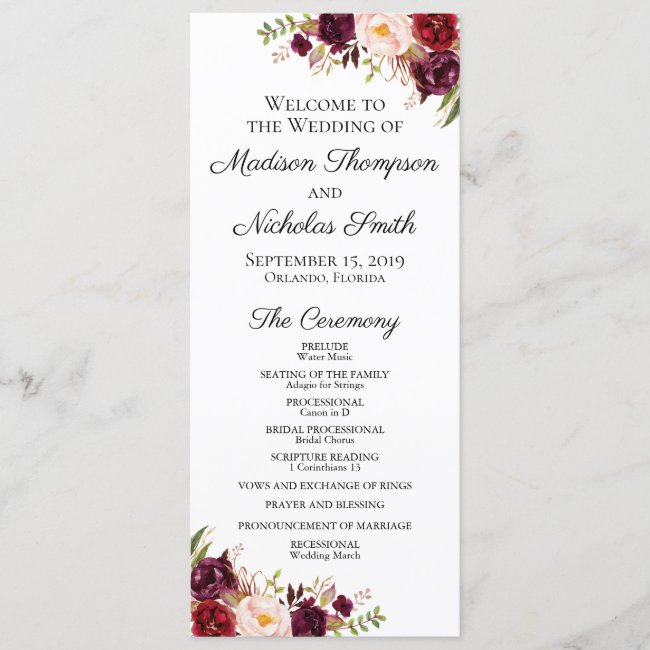 Wedding Program Cards with Marsala & Pink Flowers