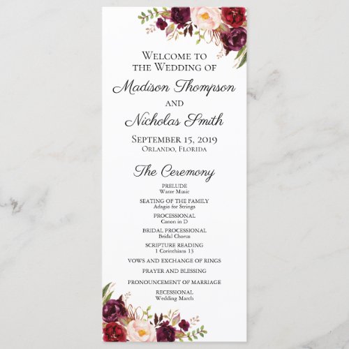 Wedding Program Cards with Marsala  Pink Flowers
