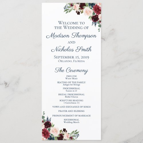 Wedding Program Cards with Navy Marsala Flowers