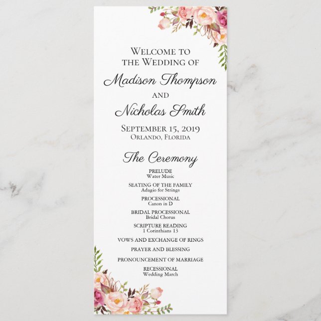 Wedding Program Cards with Rustic Pink Flowers (Front)