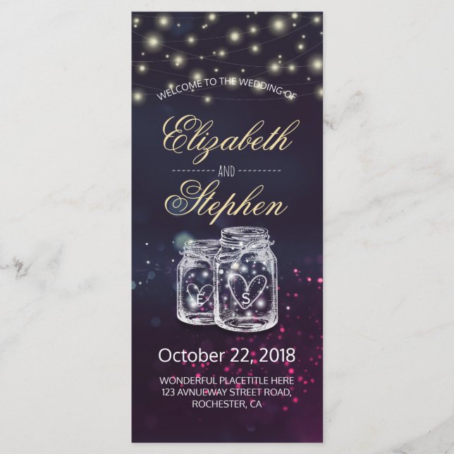 Wedding Program Chic Mason Jar Purple String Light (Front)