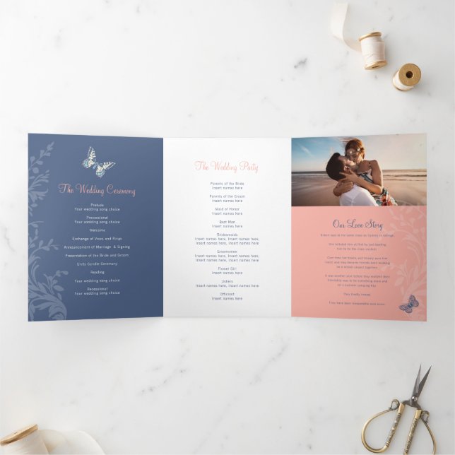 Wedding program coral and dark blue butterflies (Inside)