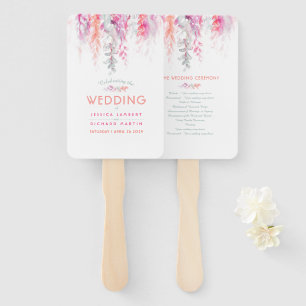 Wedding program coral pink sage green vine flowers hand fan