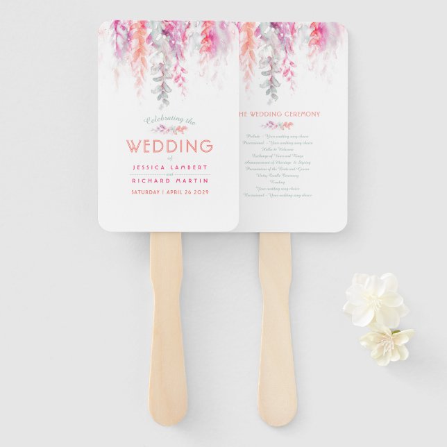 Wedding program coral pink sage green vine flowers hand fan (Front and Back)