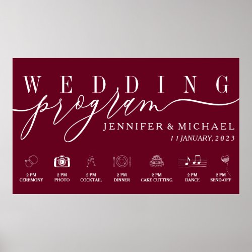 Wedding Program Custom Icon Timeline menu Burgundy Poster