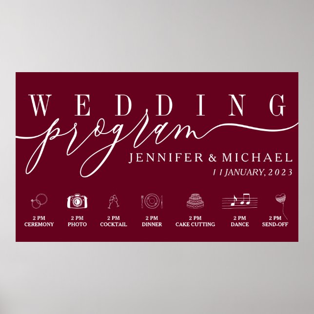 Wedding Program Custom Icon Timeline menu Burgundy Poster (Front)