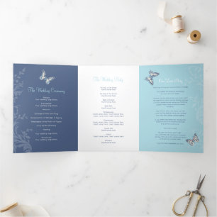 Wedding program dark blue butterflies love story