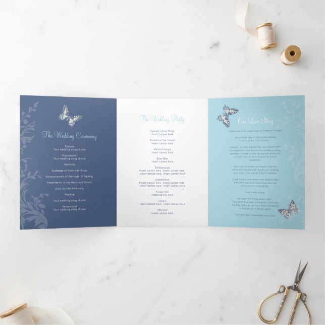 Wedding program dark blue butterflies love story (Inside)