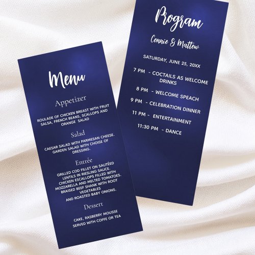 Wedding program dinner menu navy blue white