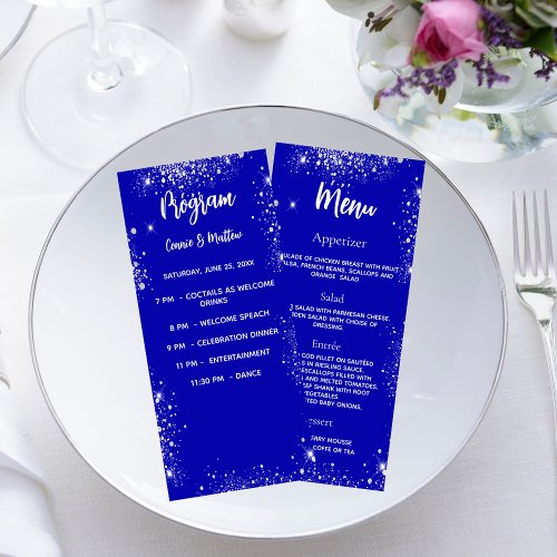 Wedding program dinner menu royal blue silver