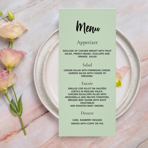 Wedding program dinner menu sage green