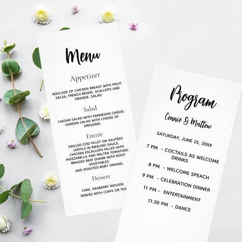 Wedding program dinner menu white black