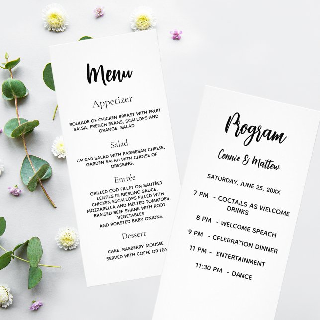 Wedding program dinner menu white black (Creator Uploaded)