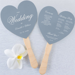 Wedding Program Dusty Blue Heart Elegant Script Hand Fan