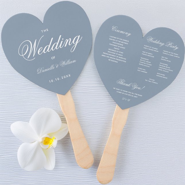 Wedding Program Dusty Blue Heart Elegant Script  Hand Fan (Creator Uploaded)
