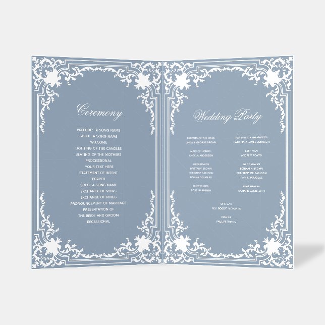 Wedding Program Dusty Blue Vintage White Frame Brochure (Inside Standing)
