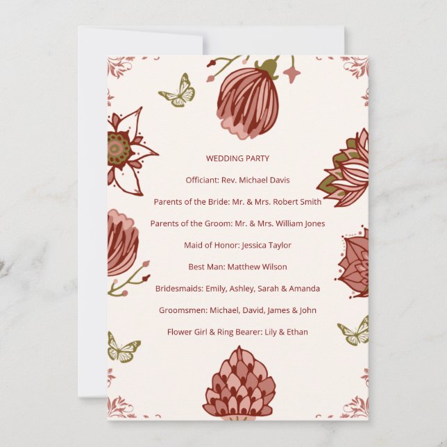 Wedding Program Elegant Botanical Party Card (Front)