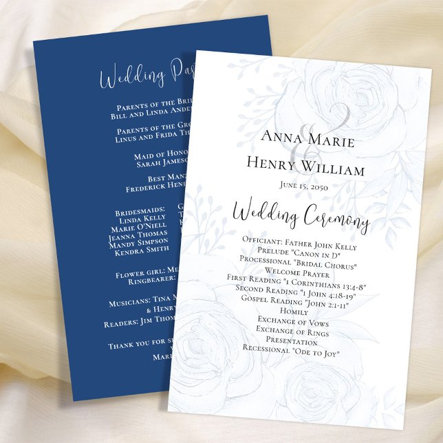 Wedding Program Elegant Floral Blue  (Blue floral wedding ceremony paper sheet program with a dusty blue background. )
