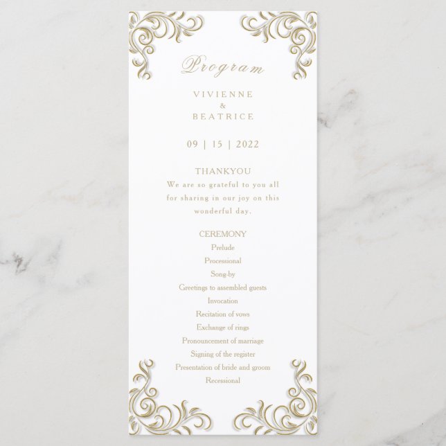 Wedding program elegant gold decorative scroll (Front)