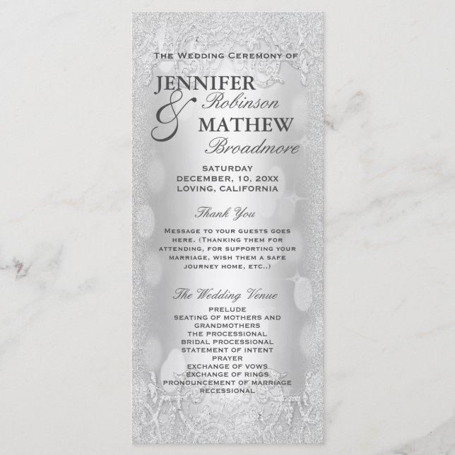 Wedding Program Elegant Silver Faux Glitter (Front)