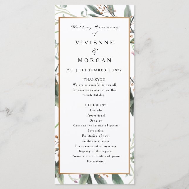 Wedding program elegant watercolor green leaf gold (Front)