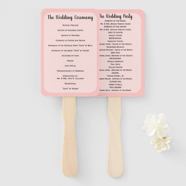 Wedding Program Fan Any Custom Color shown Pink (Front and Back)