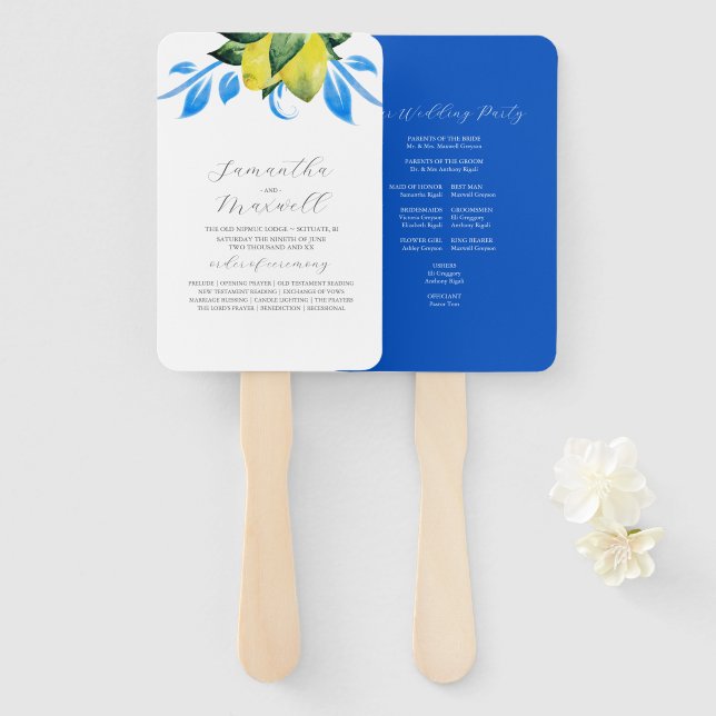 Wedding Program Fan Botanical Lemons Leaves (Front and Back)