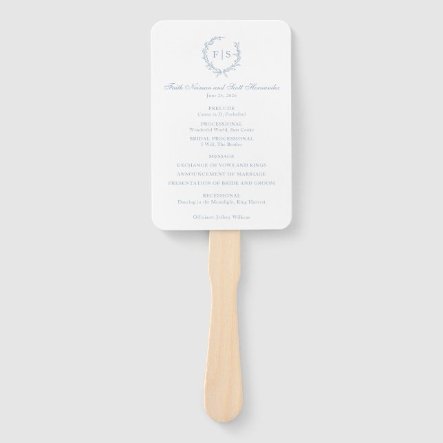 Wedding Program Fan Light Blue Monogram Wreath (Front)