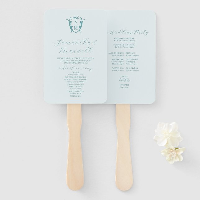 Wedding Program Fan Pale Blue Classic Monogram (Front and Back)