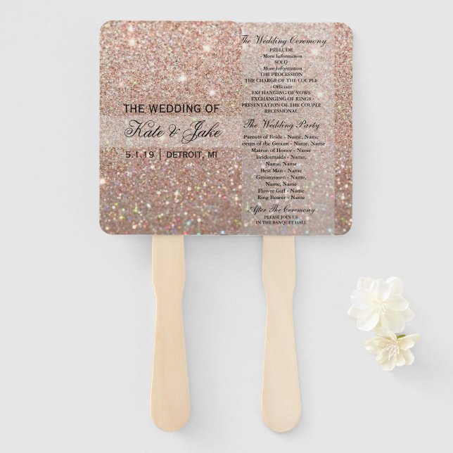 Wedding Program Fan - Rose Gold Glitter Fab (Front and Back)