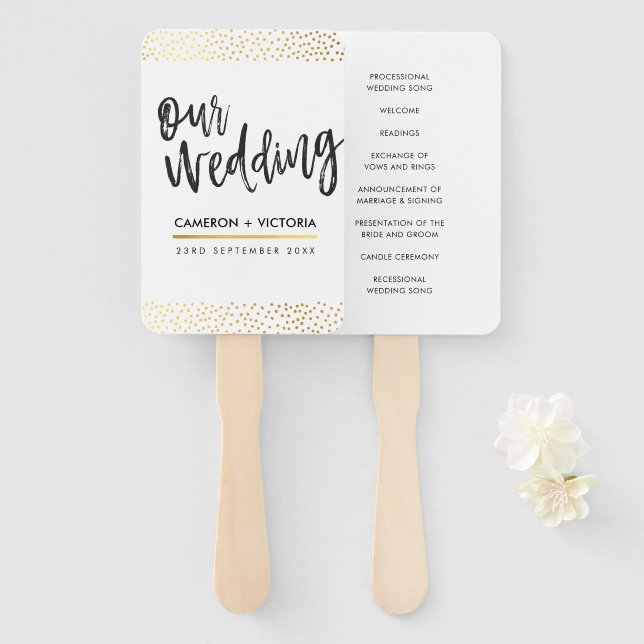WEDDING PROGRAM FAN stylish chic gold confetti (Front and Back)