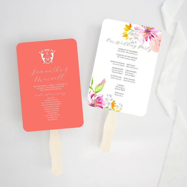 Wedding Program Fan Templates Bold Floral (wedding program fan templates watercolor pink and orange florals by Victoria Grigaliunas)