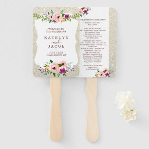 Wedding Program Fan White Gold Floral Glitter Fab