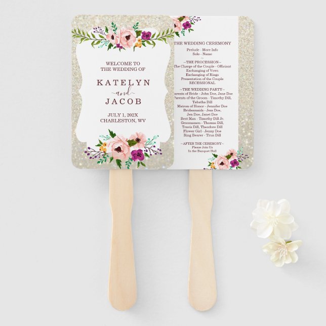 Wedding Program Fan White Gold Floral Glitter Fab (Front and Back)